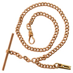 Antique 14K Yellow Gold Pocket Watch Chain w Fob Clip w T Bar