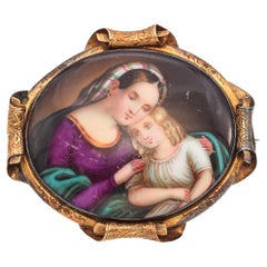 Antique 14K Yellow Gold Porcelain Hand-Painted Madonna & Child Portrait Brooch