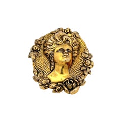 Spilla antica in oro giallo 14 carati con ritratto e motivo floreale 32,9 grammi