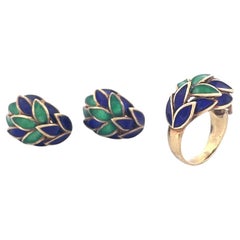 Antique 14k Yellow Gold Purple and Green Enamel Jewelry Set
