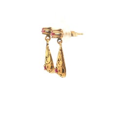 Antique 14k Yellow Gold Ruby Petite Teardrop Ornate Dangle Drop Earrings