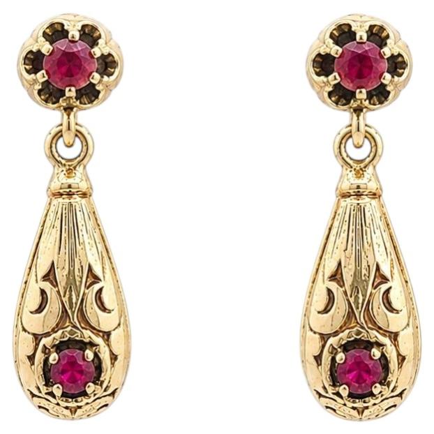 Antique 14k Yellow Gold Ruby Petite Teardrop Ornate Dangle Drop Earrings For Sale