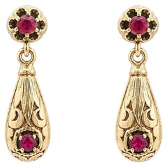 Antique 14k Yellow Gold Ruby Petite Teardrop Ornate Dangle Drop Earrings