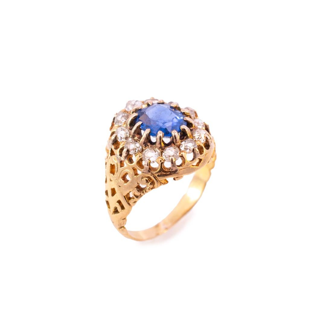 Cushion Cut Antique 14K Yellow Gold Sapphire Diamond Cocktail Ring  For Sale