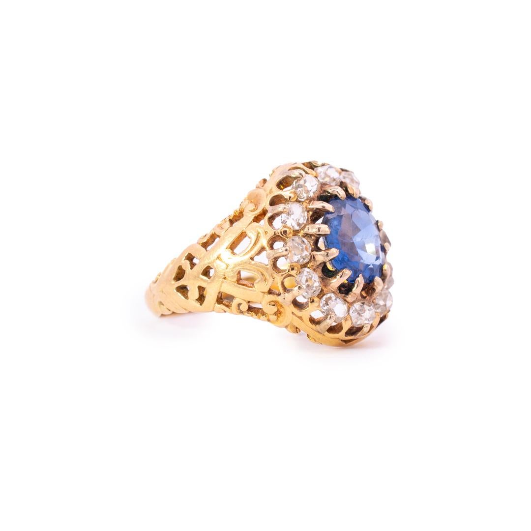 Antique 14K Yellow Gold Sapphire Diamond Cocktail Ring  In Good Condition For Sale In Houston, TX
