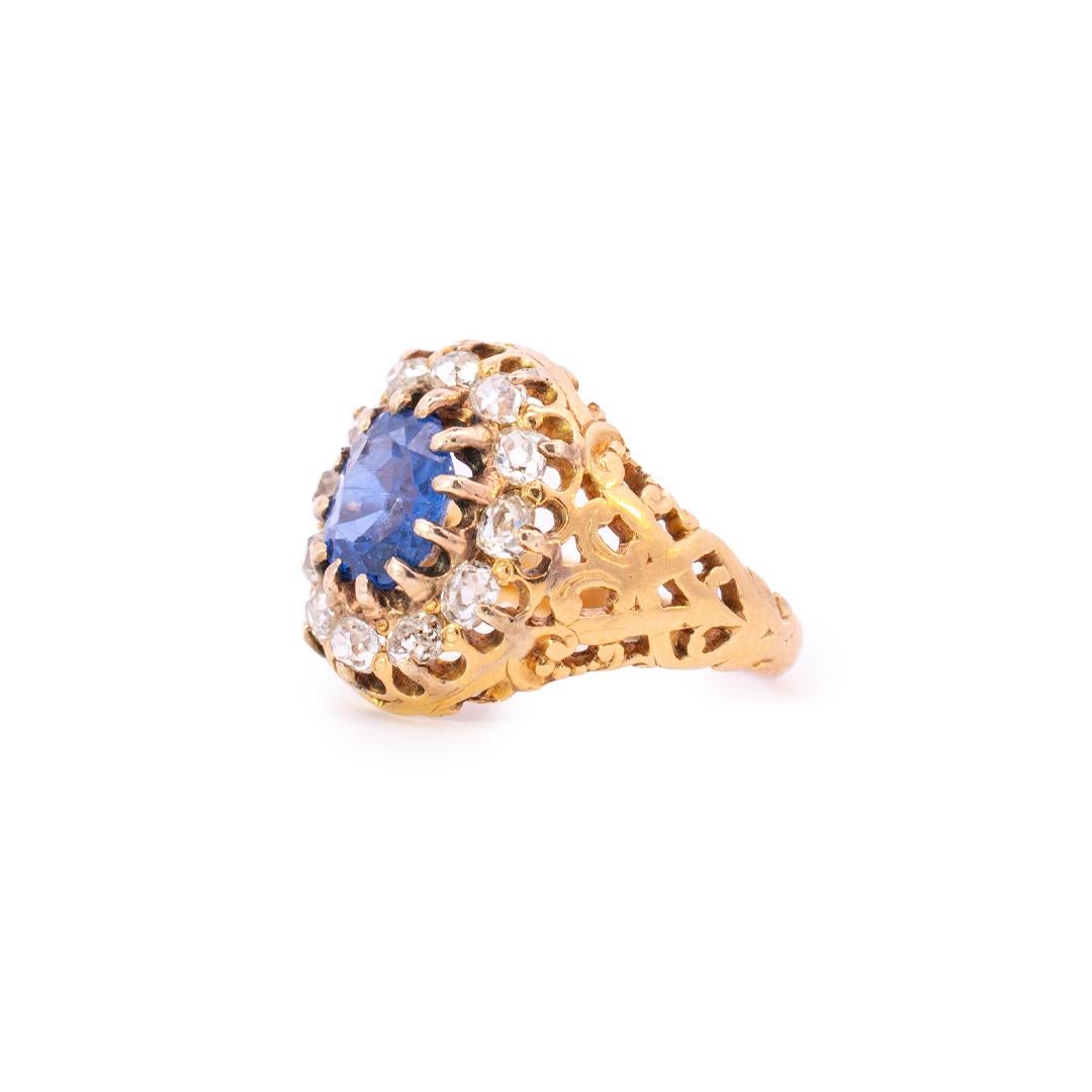 Women's Antique 14K Yellow Gold Sapphire Diamond Cocktail Ring 
