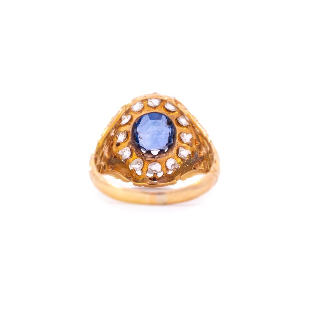 Antique 14K Yellow Gold Sapphire Diamond Cocktail Ring  For Sale 1