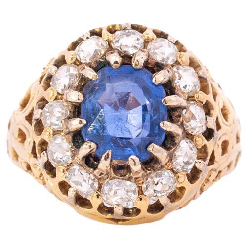 Antique 14K Yellow Gold Sapphire Diamond Cocktail Ring  For Sale