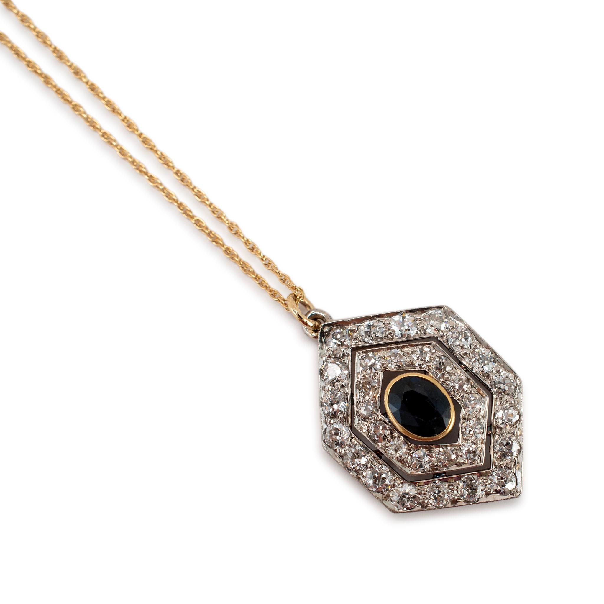 Antike 14K Gelbgold Saphir-Diamant-Tropfen-Anhänger-Halskette (Ovalschliff) im Angebot