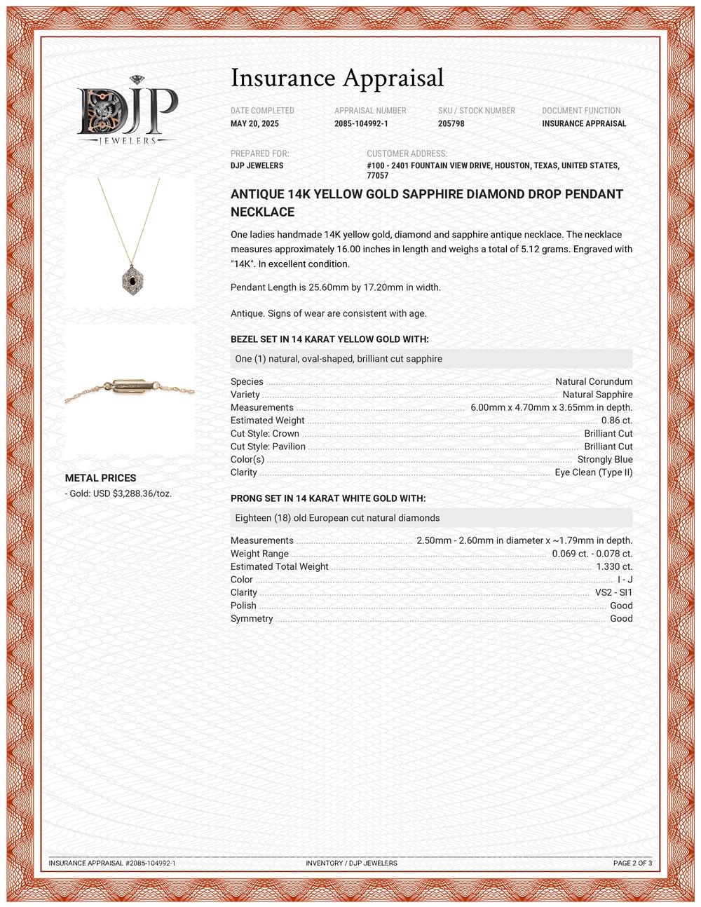 Antike 14K Gelbgold Saphir-Diamant-Tropfen-Anhänger-Halskette im Angebot 3