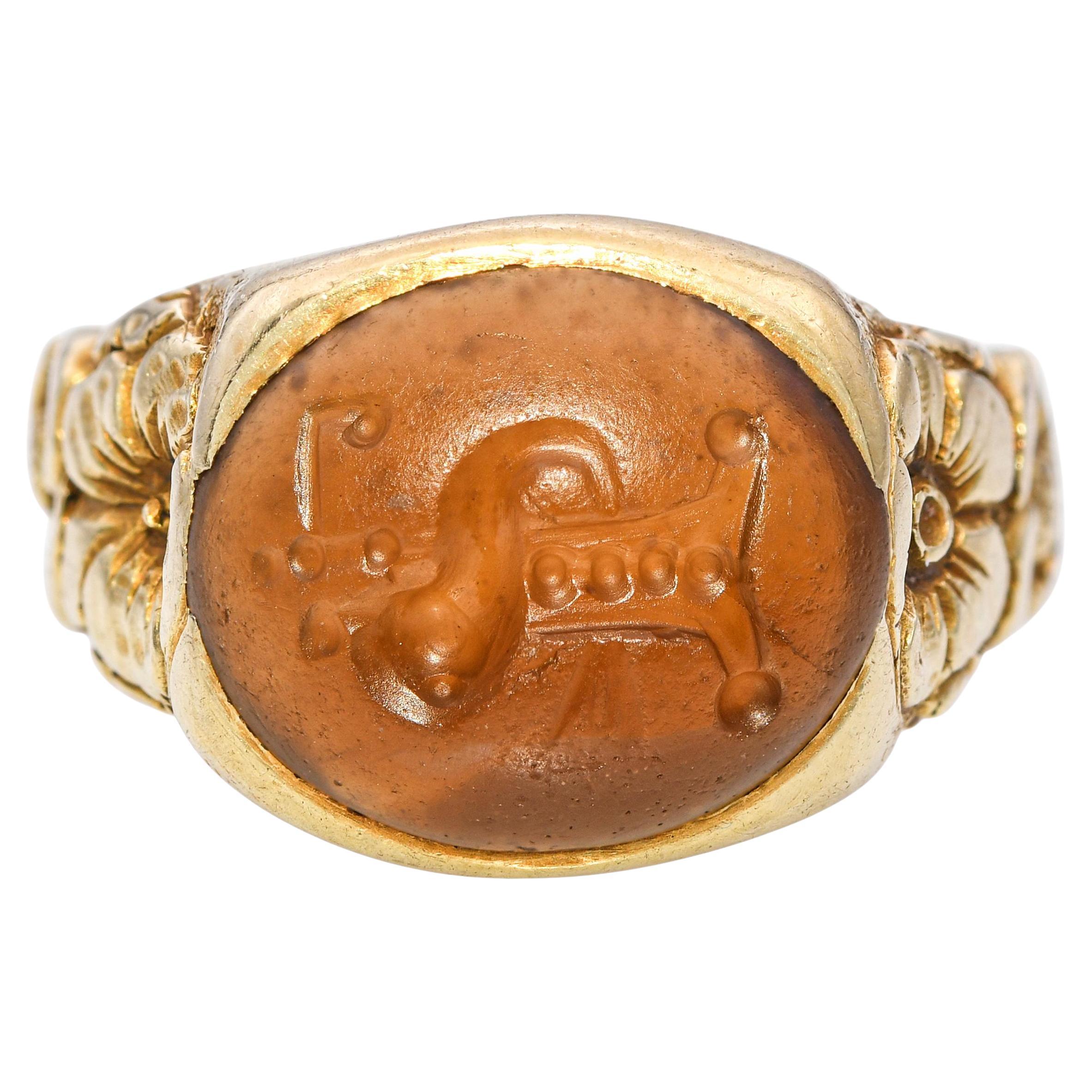Anello antico con gambo floreale in oro giallo 14k Sard Intaglio