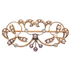 Broche antiguo de oro amarillo de 14k con perlas y diamantes