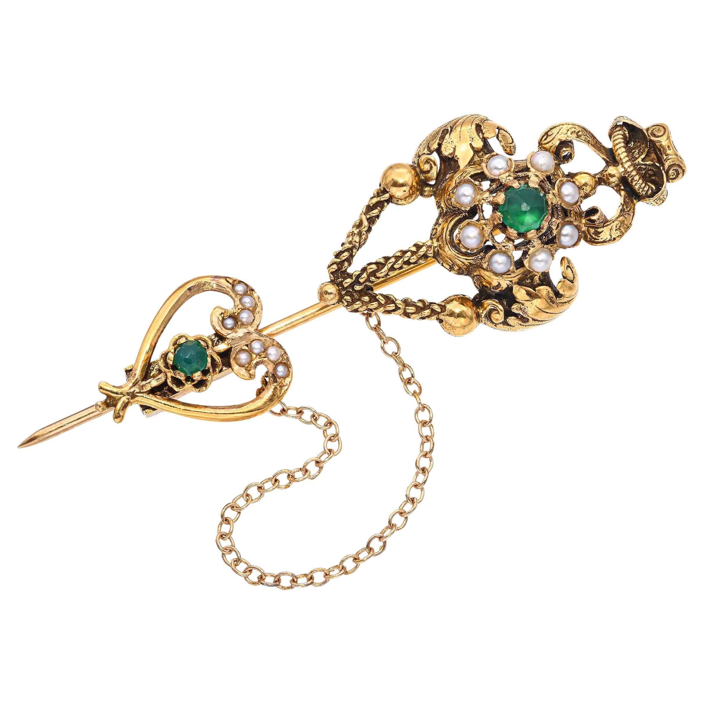 Antique 14k Yellow Gold Seed Pearl and Paste Ornate Stick Pin