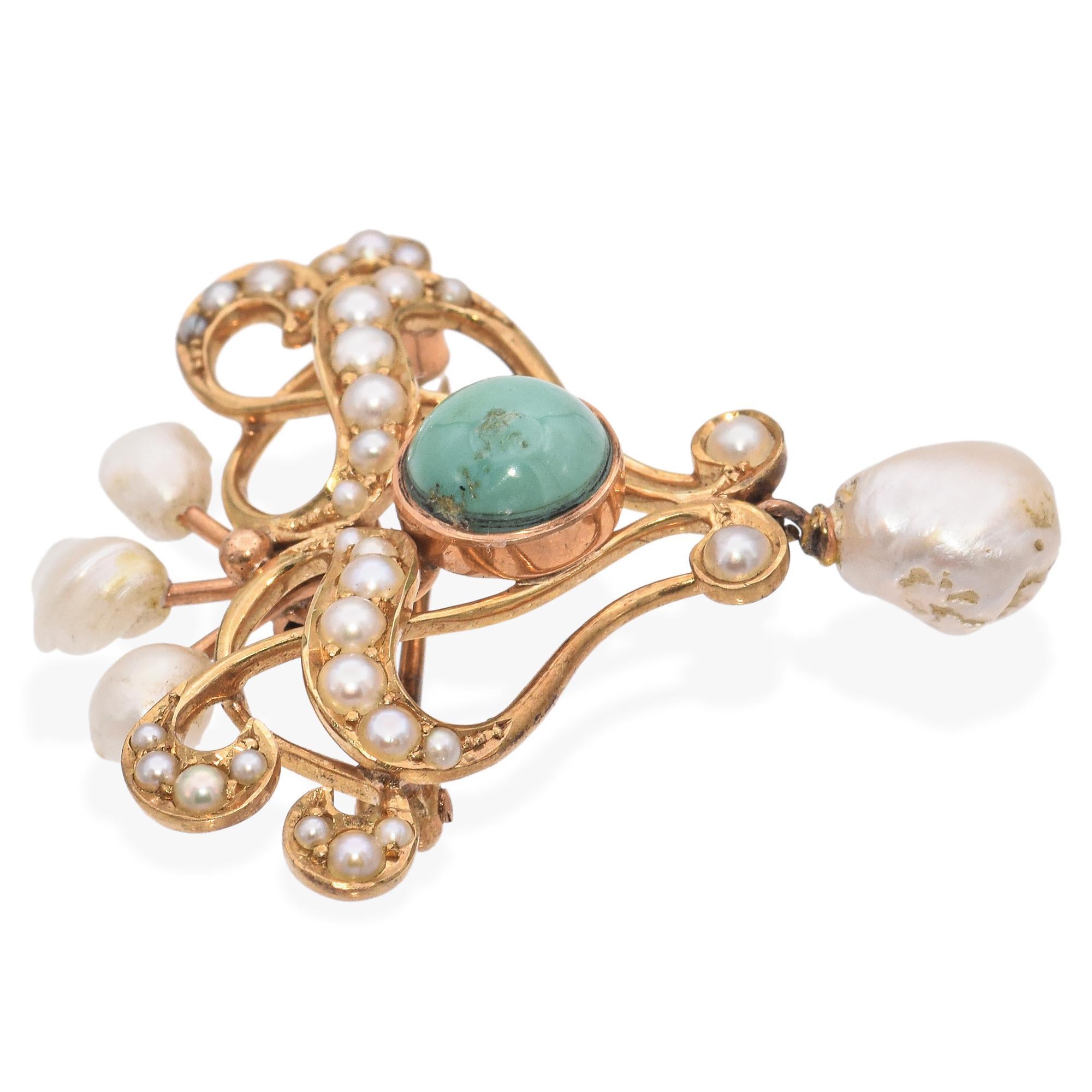 Edwardian Antique 14k Yellow Gold Seed Pearl and Turquoise Pin For Sale