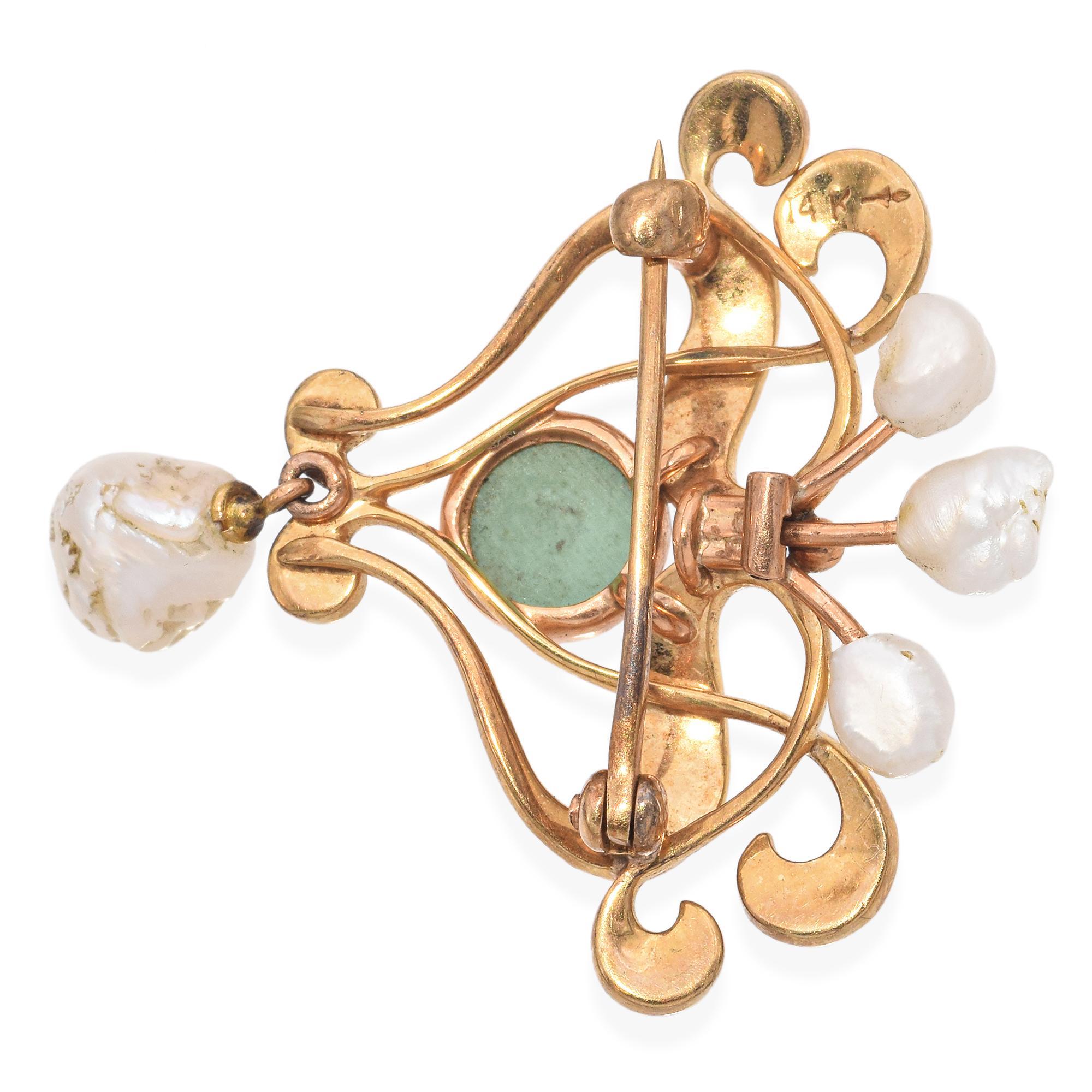 Cabochon Antique 14k Yellow Gold Seed Pearl and Turquoise Pin For Sale
