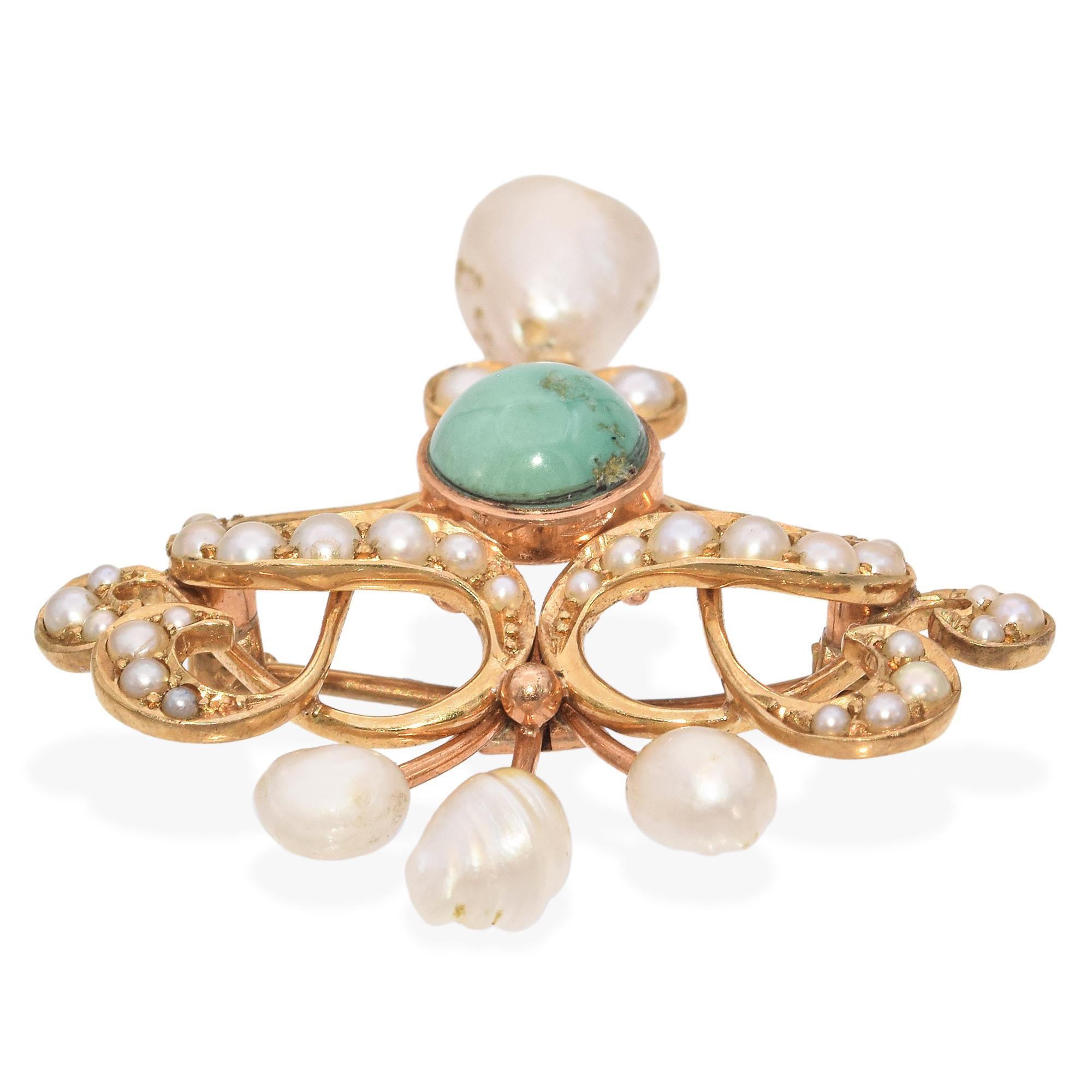 Antique 14k Yellow Gold Seed Pearl and Turquoise Pin In Good Condition For Sale In New York, NY