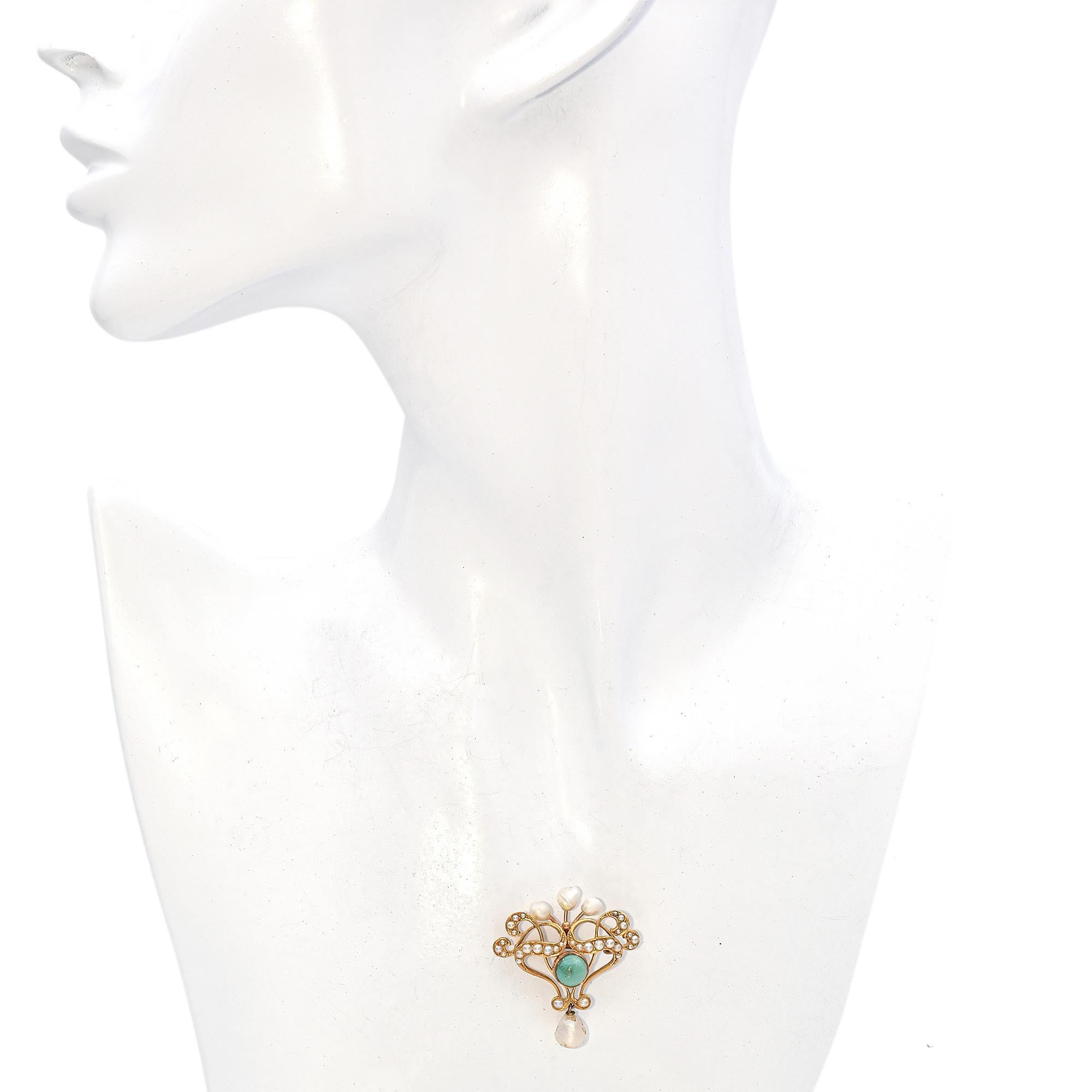 Women's Antique 14k Yellow Gold Seed Pearl and Turquoise Pin For Sale