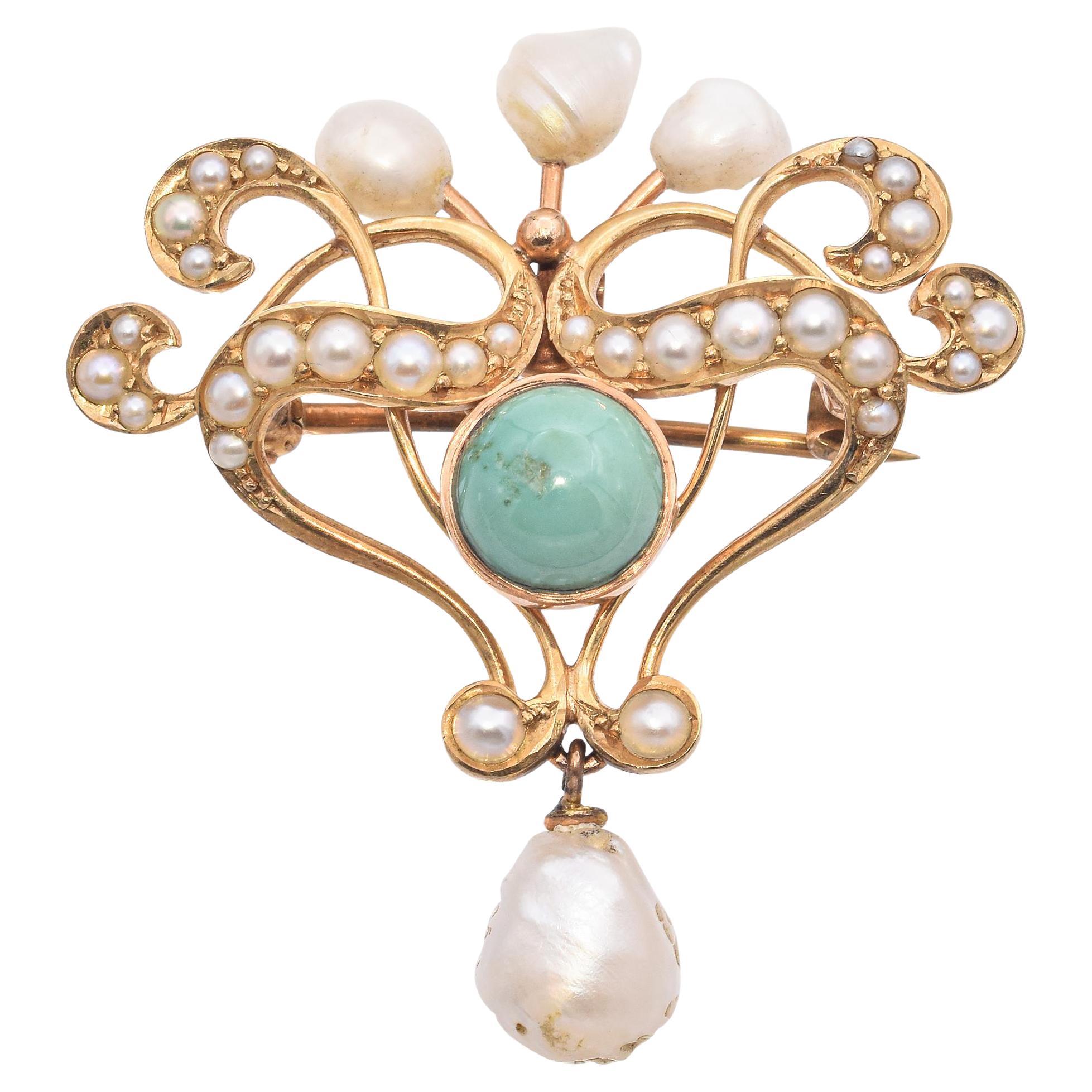 Antique 14k Yellow Gold Seed Pearl and Turquoise Pin