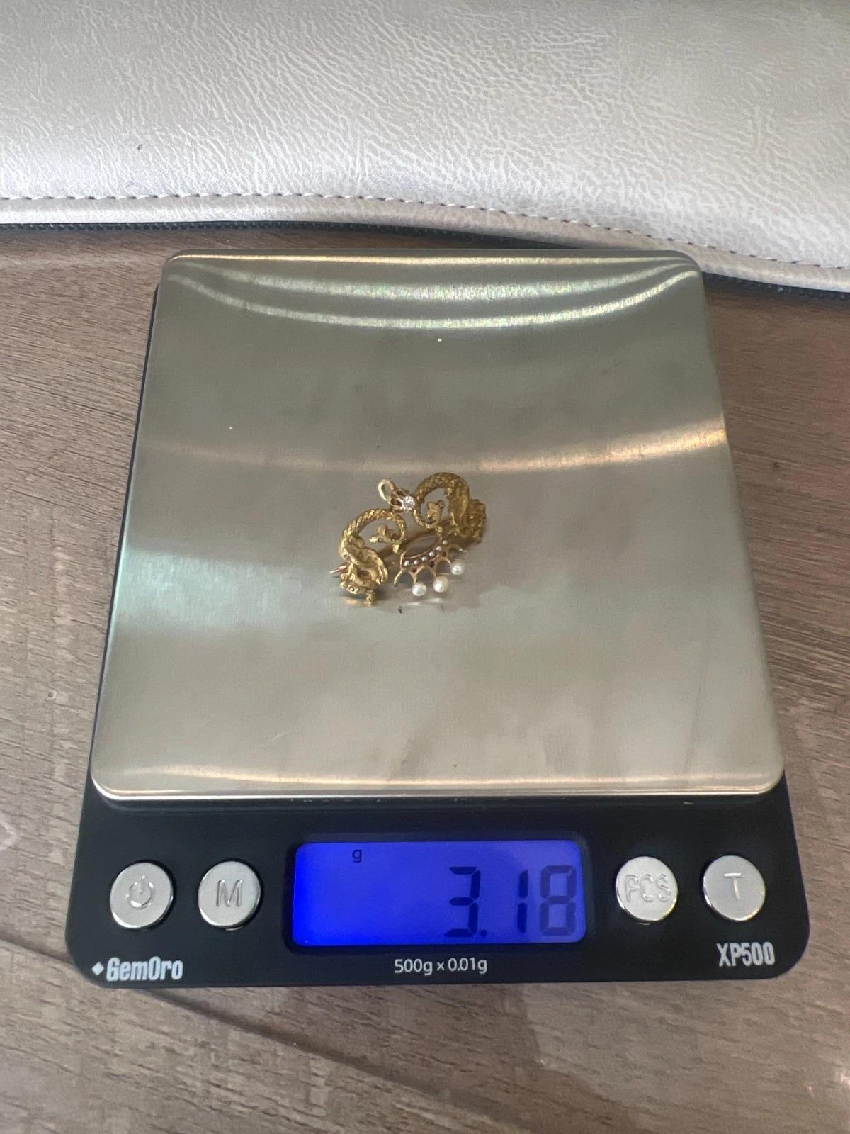 Antike 14K Gelbgold Samen Perle & Diamant 3,18g Dragon Crown Enhancer Brosche im Angebot 4