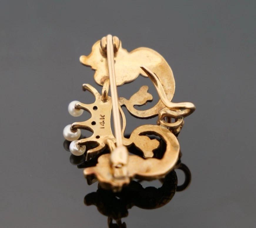 Antike 14K Gelbgold Samen Perle & Diamant 3,18g Dragon Crown Enhancer Brosche Damen im Angebot