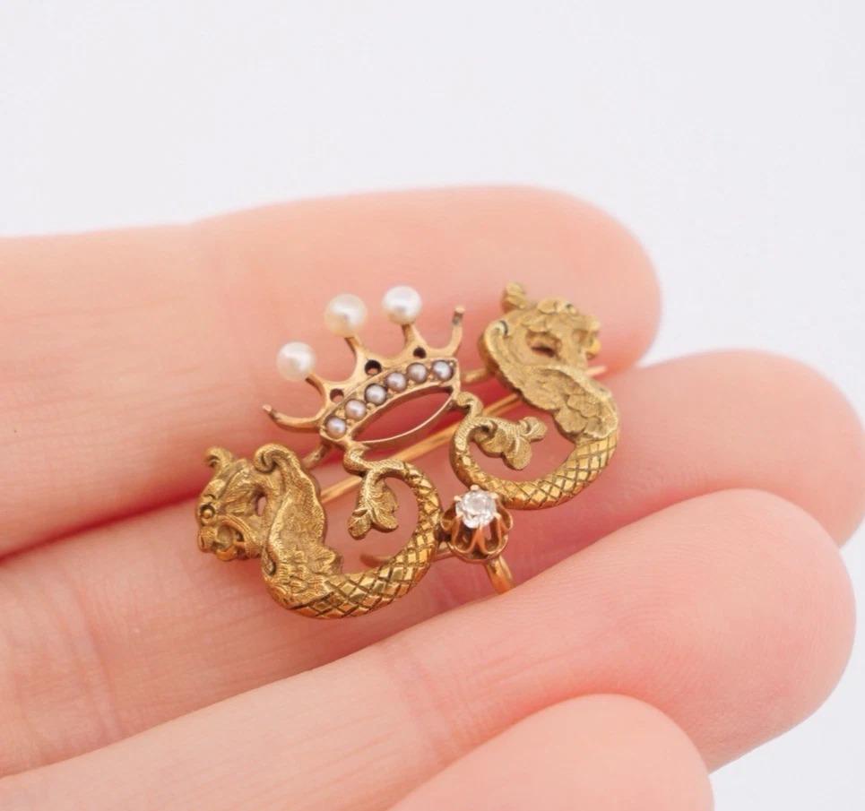 Antike 14K Gelbgold Samen Perle & Diamant 3,18g Dragon Crown Enhancer Brosche im Angebot 1