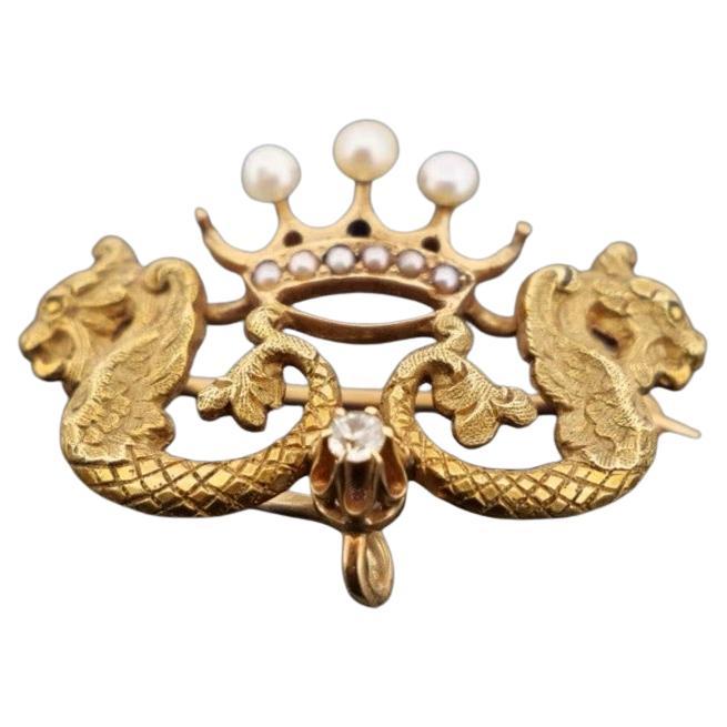 Antike 14K Gelbgold Samen Perle & Diamant 3,18g Dragon Crown Enhancer Brosche im Angebot
