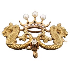 Antique 14K Yellow Gold Seed Pearl & Diamond 3.18g Dragon Crown Enhancer Brooch