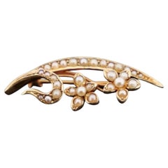 Antique 14K Yellow Gold Seed Pearl Floral Art Nouveau 2.67g Flower Leaf Brooch