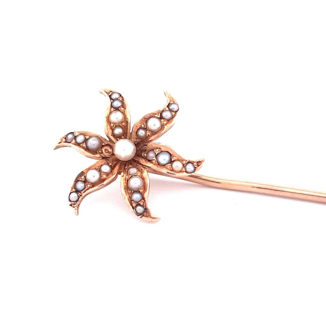Art Deco Antique 14k Yellow Gold Seed Pearl Flower Pin For Sale