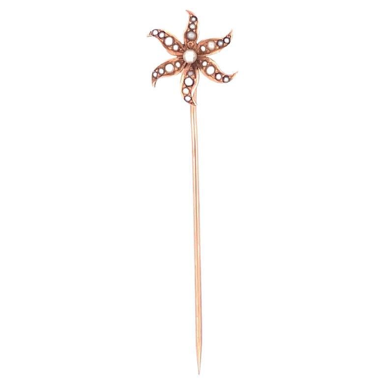 Antique 14k Yellow Gold Seed Pearl Flower Pin For Sale
