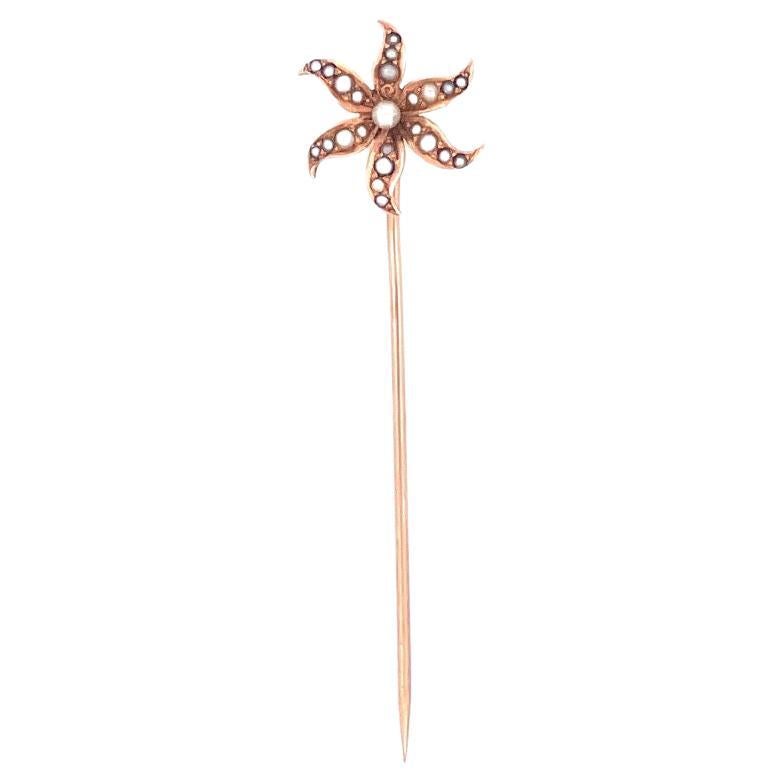 Antique 14k Yellow Gold Seed Pearl Flower Pin