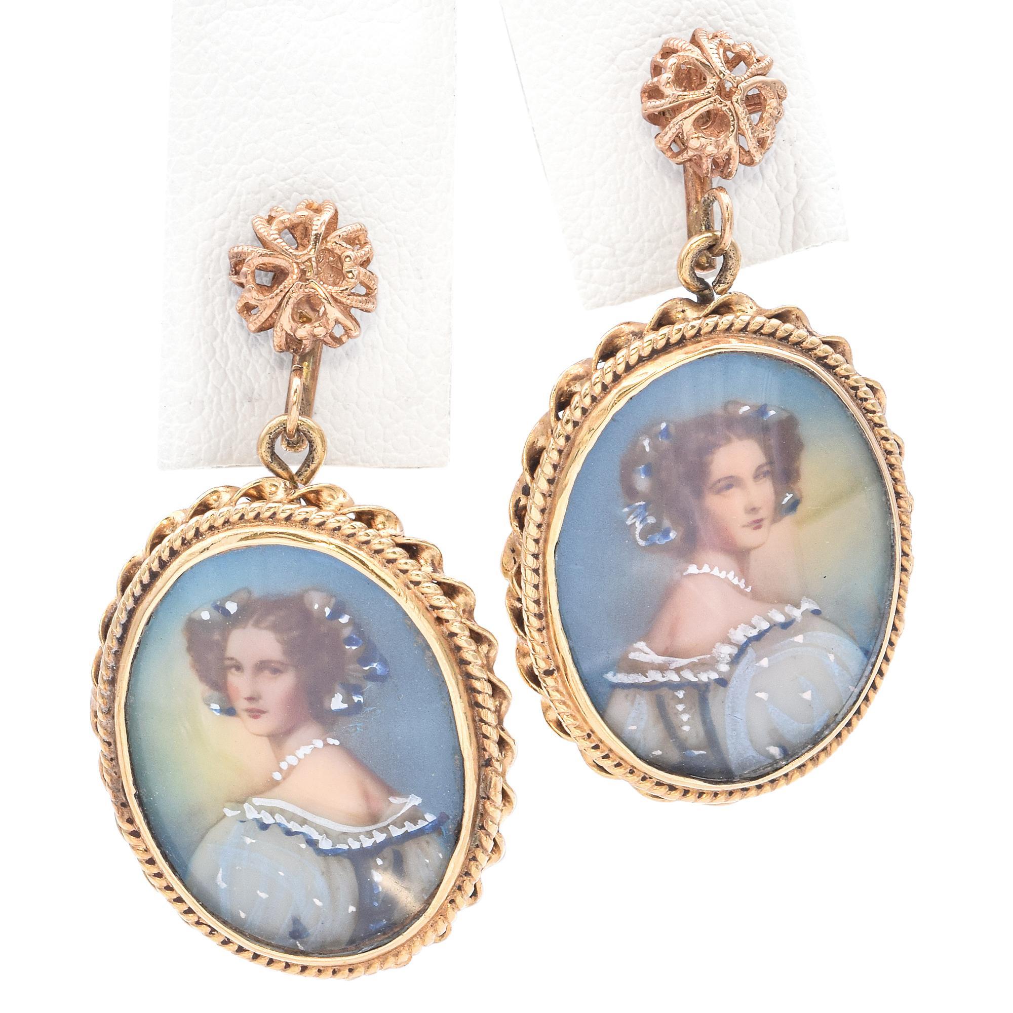 Victorian Antique 14k Yellow Gold & Seed Pearl Miniature Portrait Pendant and Earring Set For Sale