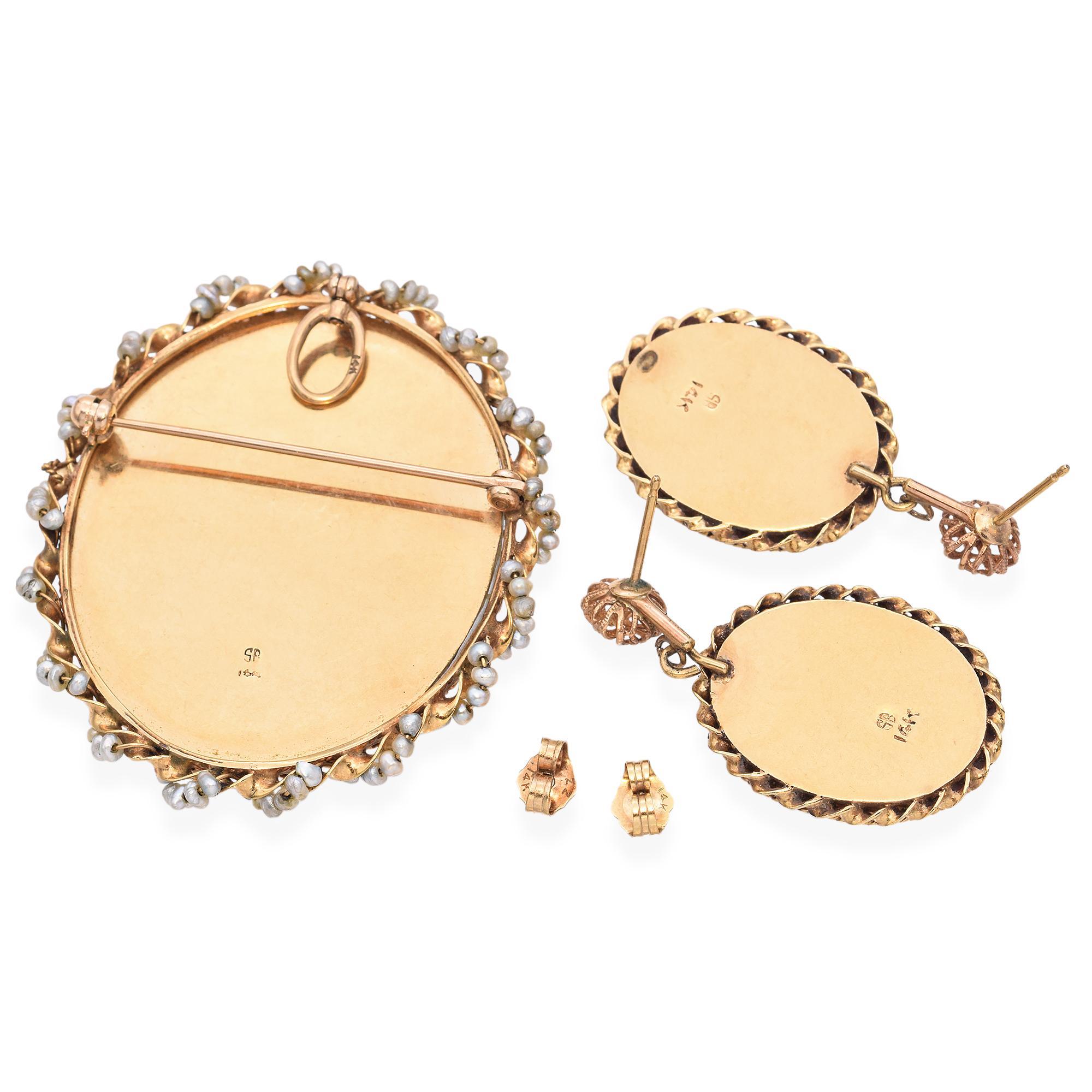 Antique 14k Yellow Gold & Seed Pearl Miniature Portrait Pendant and Earring Set In Good Condition For Sale In New York, NY