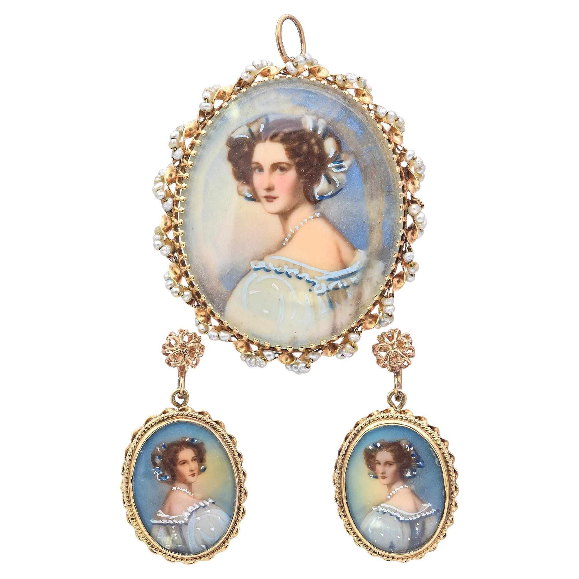 Antique 14k Yellow Gold & Seed Pearl Miniature Portrait Pendant and Earring Set For Sale