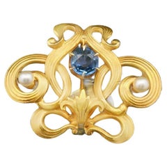Antique 14k Yellow Gold Seed Pearl & Sapphire Brooch/Watch Fob