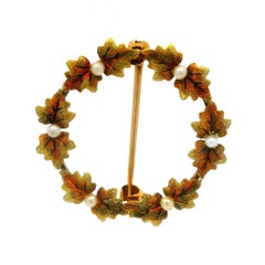 Antique 14k Yellow Gold Seed Pearls Hand Engraved Holly Wreath Leaf Pin Brooch