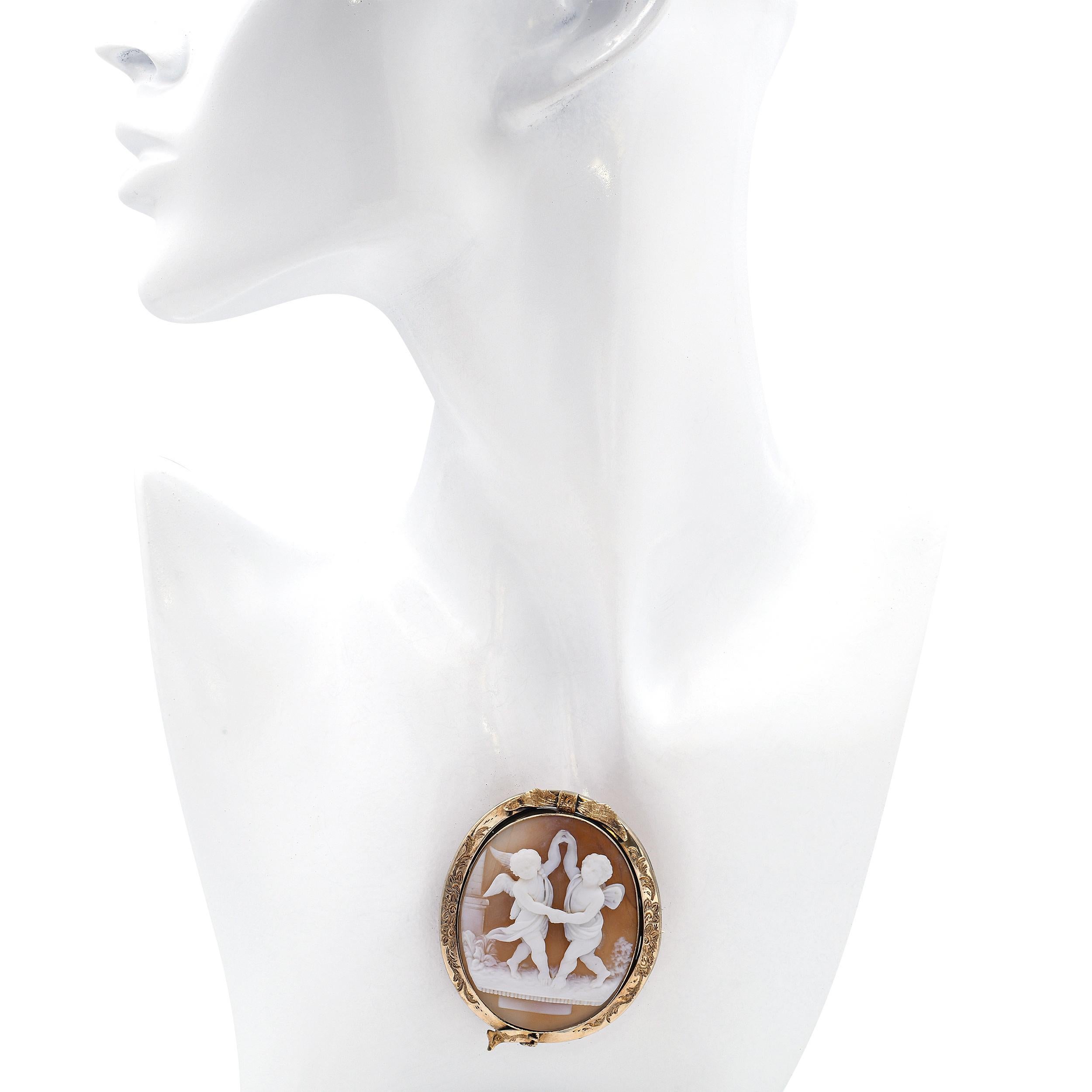 Broche ancienne en or jaune 14k avec camée en forme de coquillage Bon état - En vente à New York, NY