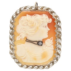 Antique 14K Yellow Gold Shell Cameo Diamond Accent Portrait Brooch Pendant
