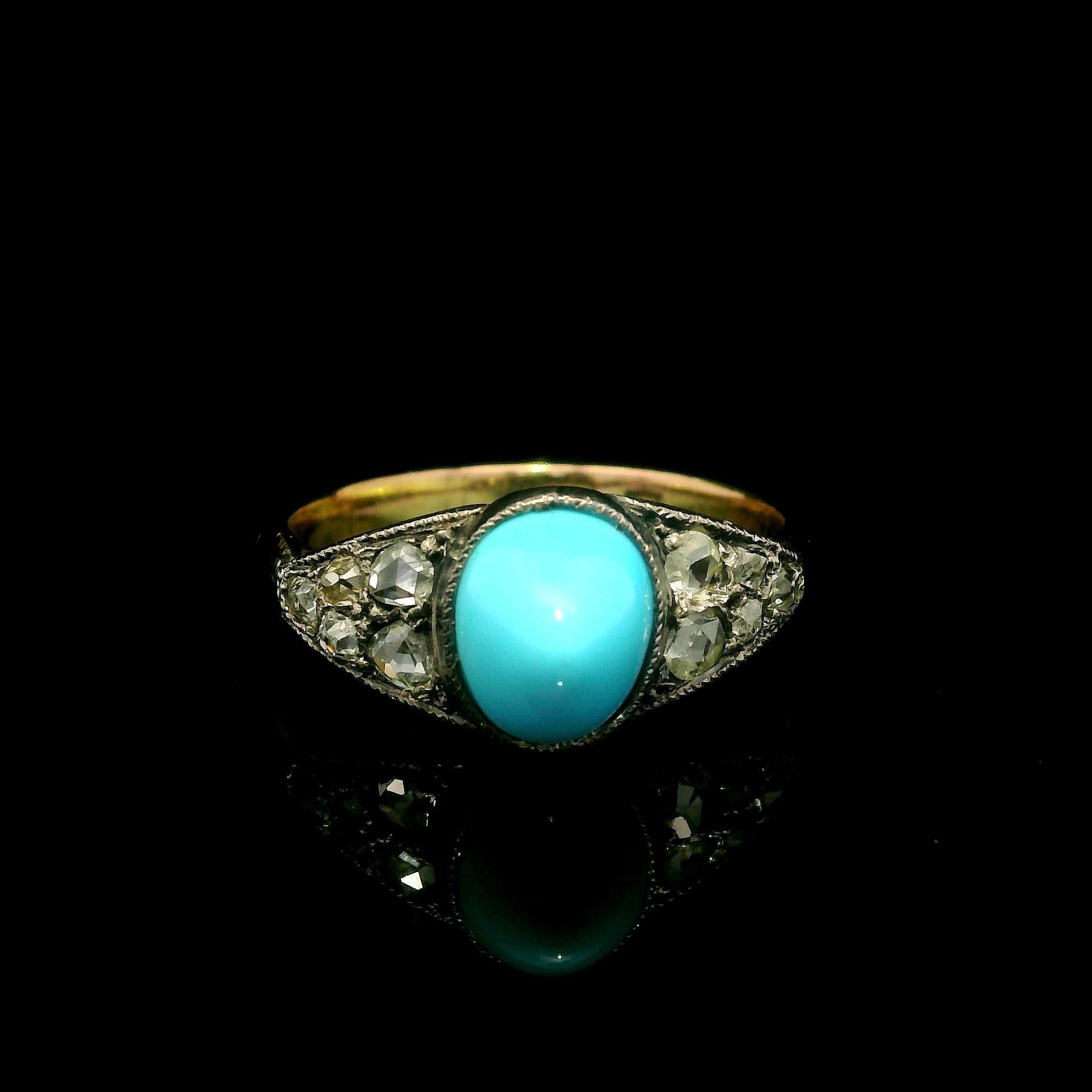 --Stone(s):--
(1) Natural Genuine Turquoise - High Oval Cabochon Cut - Milgrain Bezel Set - Robin Egg Blue Color - 8.4x6.9mm (approx.)
(10) Natural Genuine Diamonds - Old Mine & Old Rose Cut - Pave Set - Nice White Brilliant Color - 0.42ctw