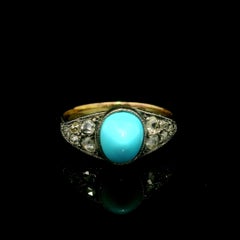 Antique 14k Yellow Gold & Silver Turquoise Old Mine Rose Diamond Sides Band Ring