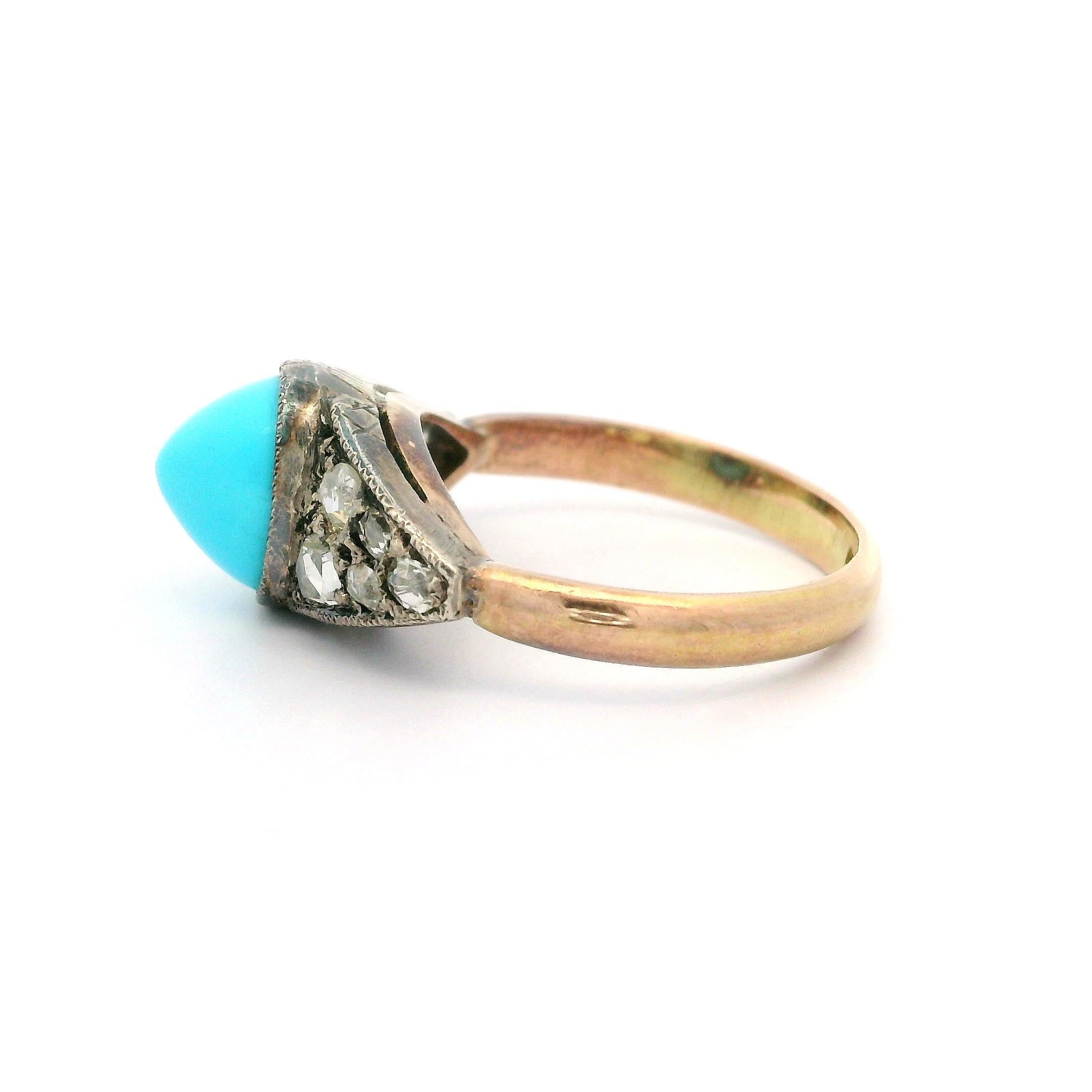 Cabochon Antique 14k Yellow Gold & Silver Turquoise Old Mine Rose Diamond Sides Band Ring For Sale