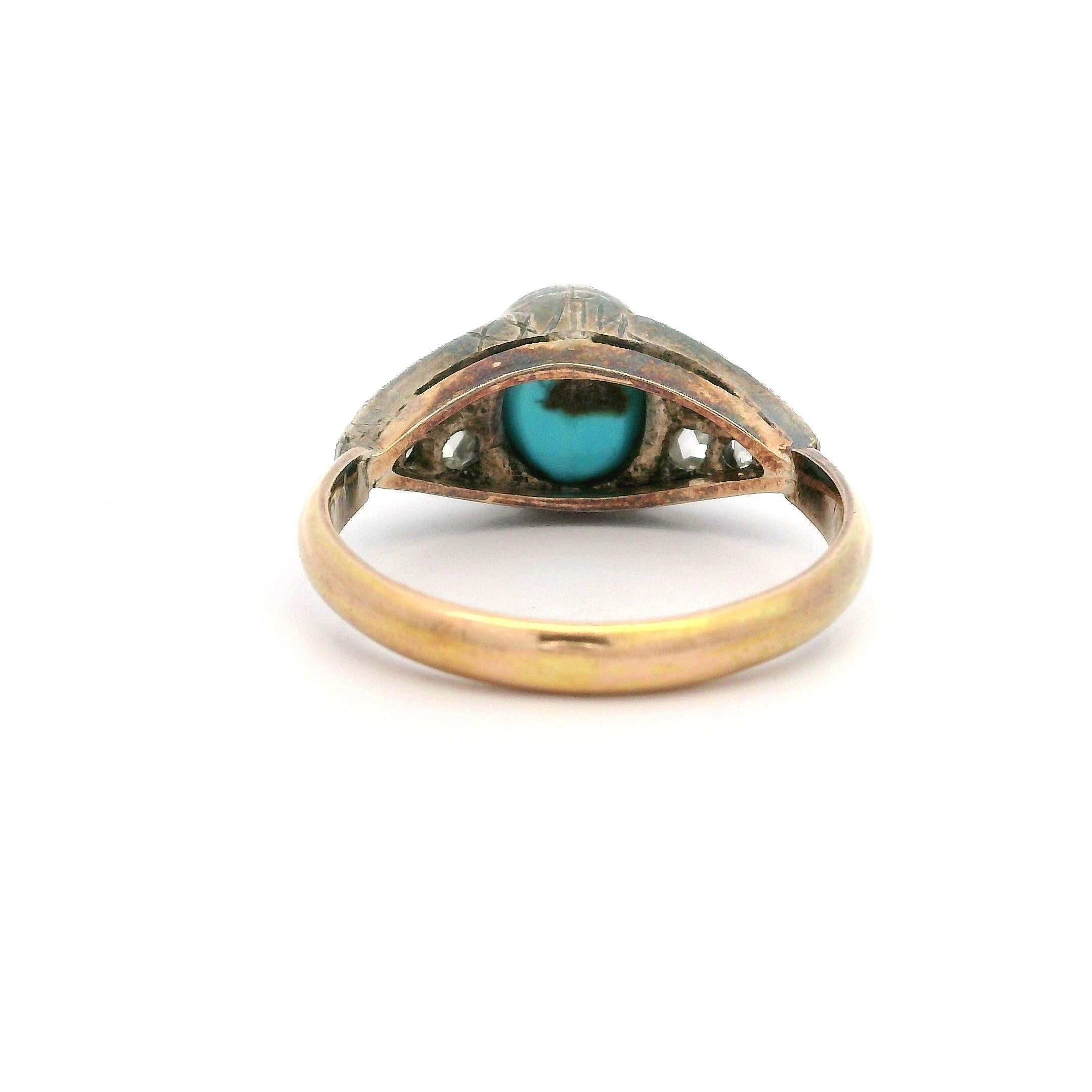 Antique 14k Yellow Gold & Silver Turquoise Old Mine Rose Diamond Sides Band Ring In Good Condition For Sale In Montclair, NJ