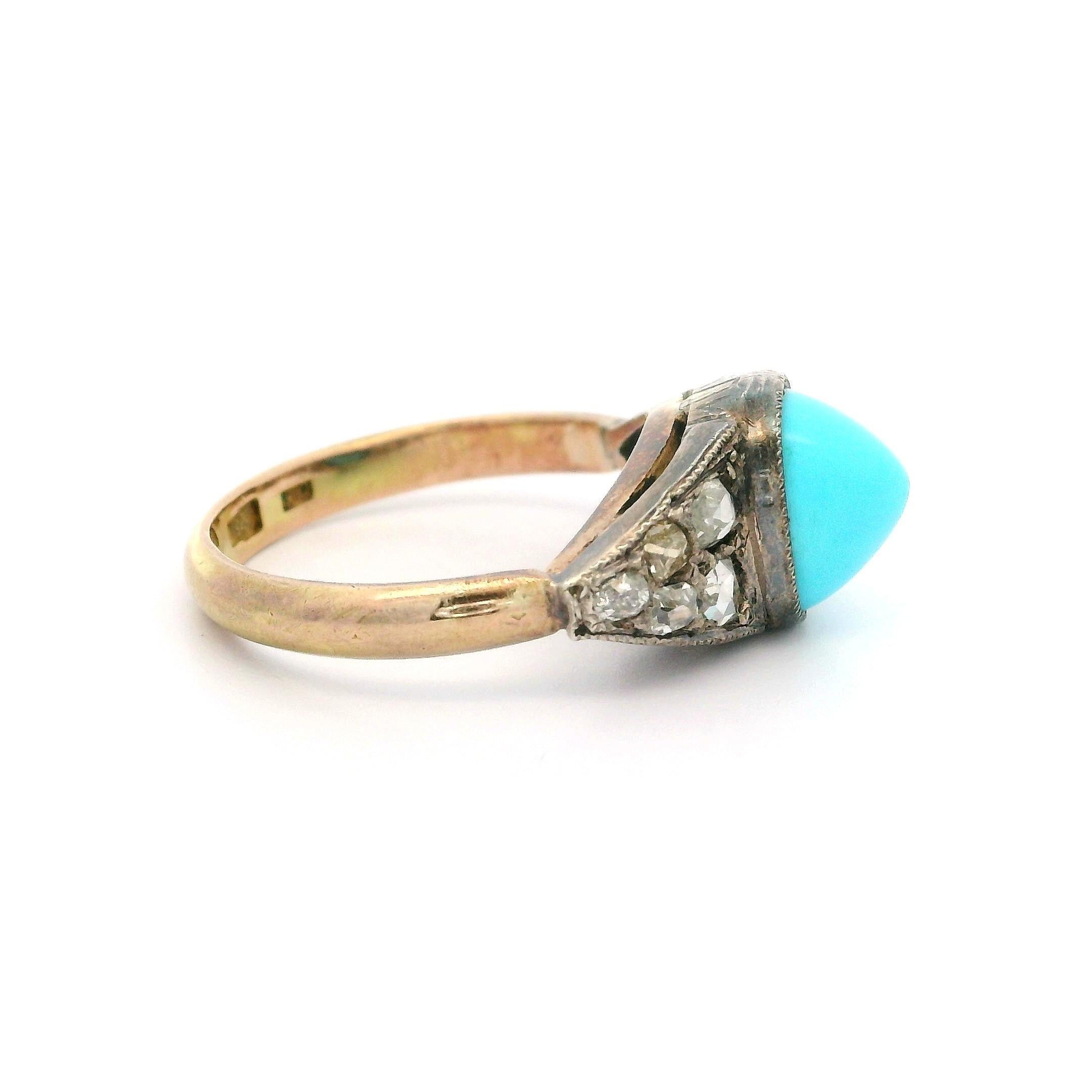 Women's Antique 14k Yellow Gold & Silver Turquoise Old Mine Rose Diamond Sides Band Ring For Sale