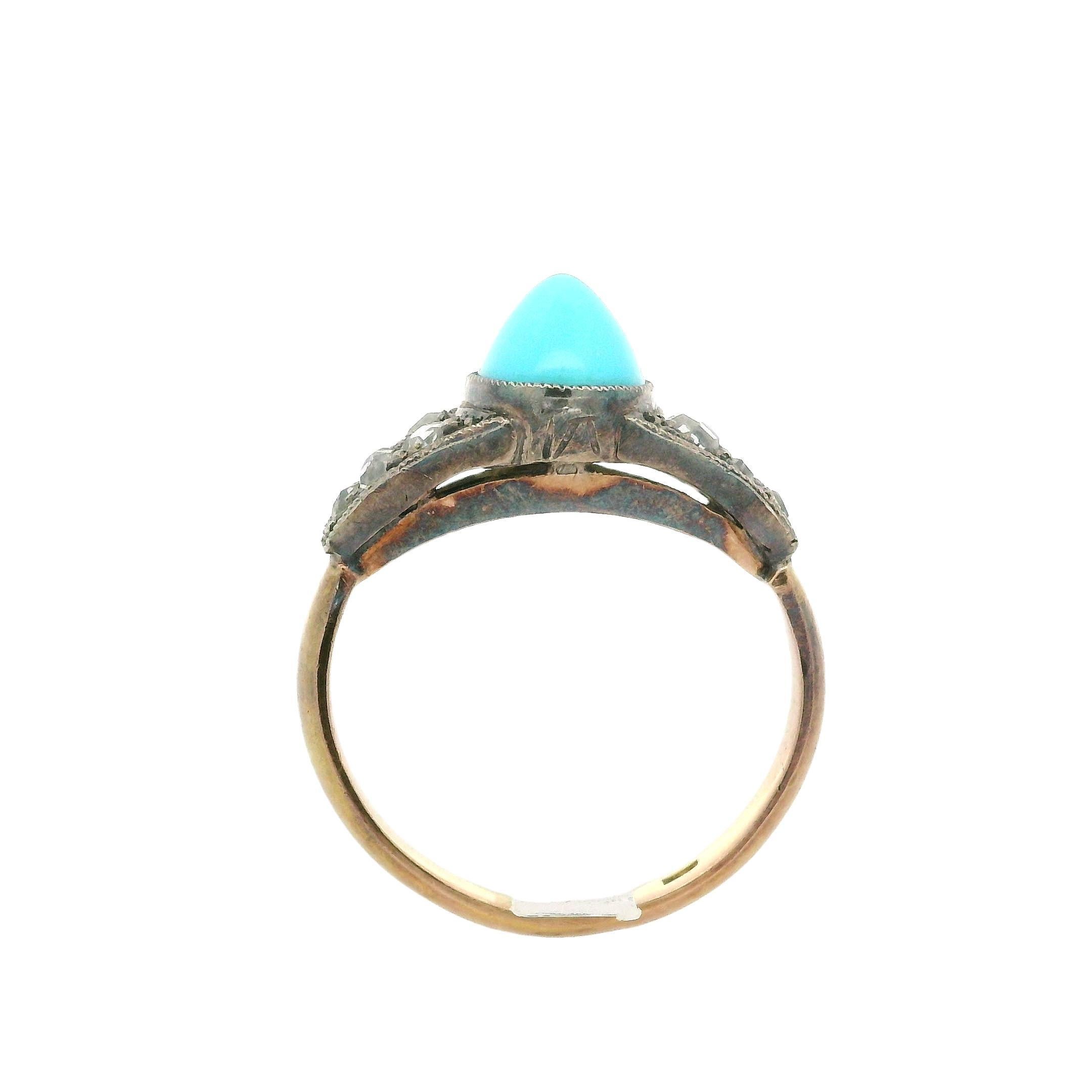 Antique 14k Yellow Gold & Silver Turquoise Old Mine Rose Diamond Sides Band Ring For Sale 1