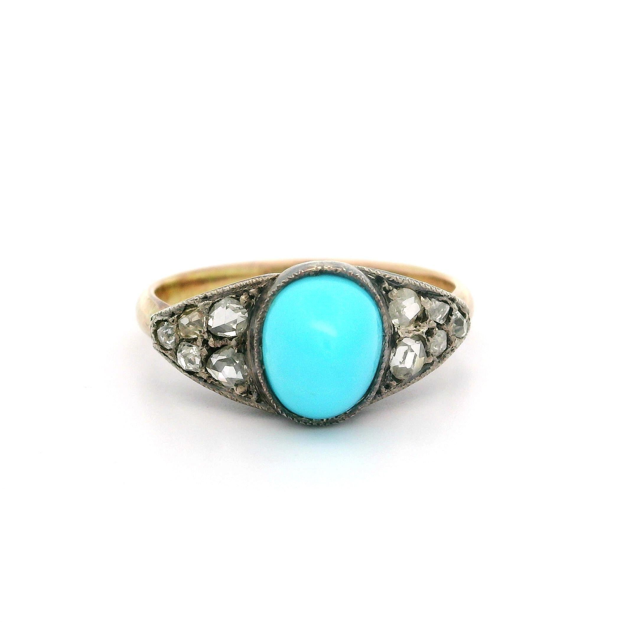 Antique 14k Yellow Gold & Silver Turquoise Old Mine Rose Diamond Sides Band Ring For Sale 2