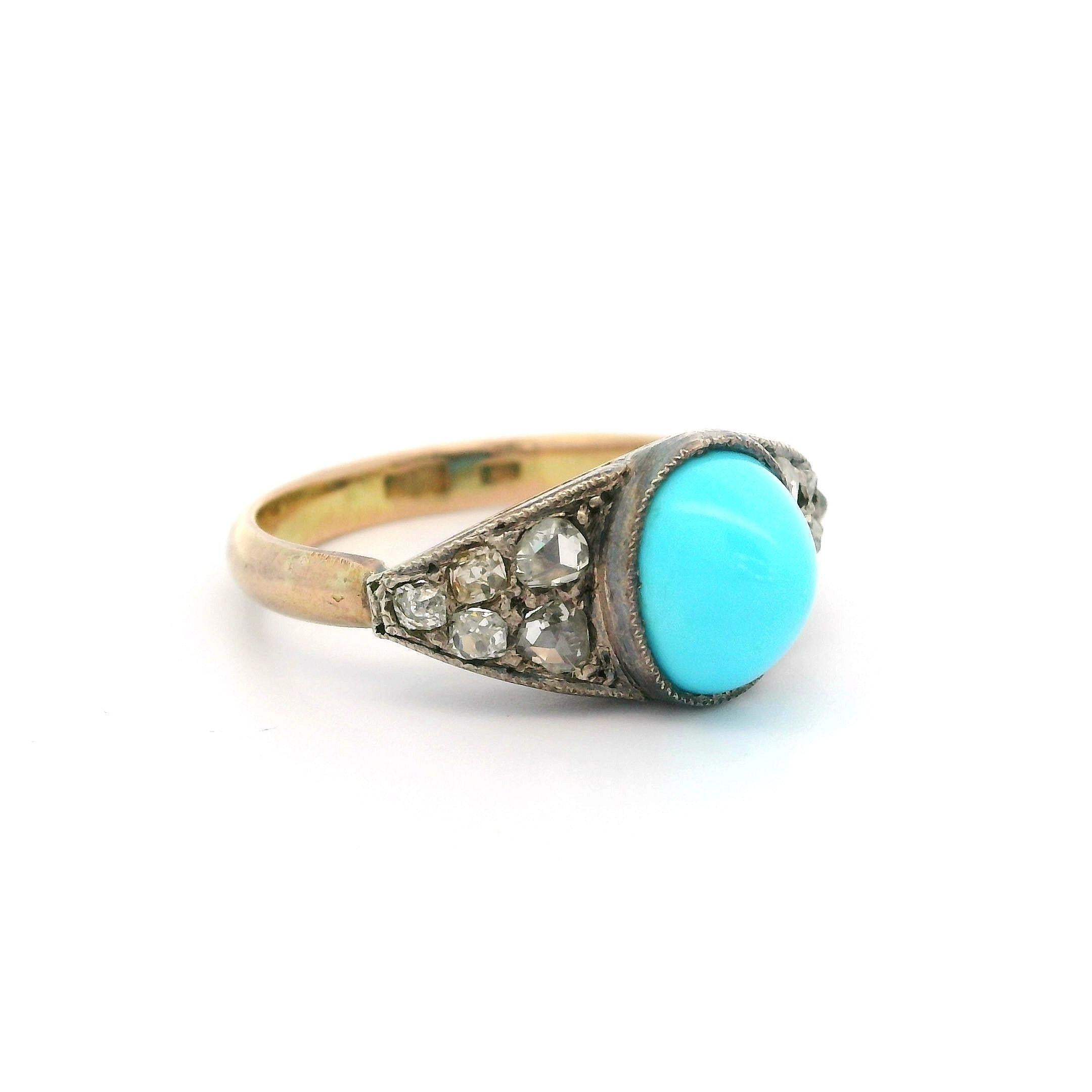 Antique 14k Yellow Gold & Silver Turquoise Old Mine Rose Diamond Sides Band Ring For Sale 3