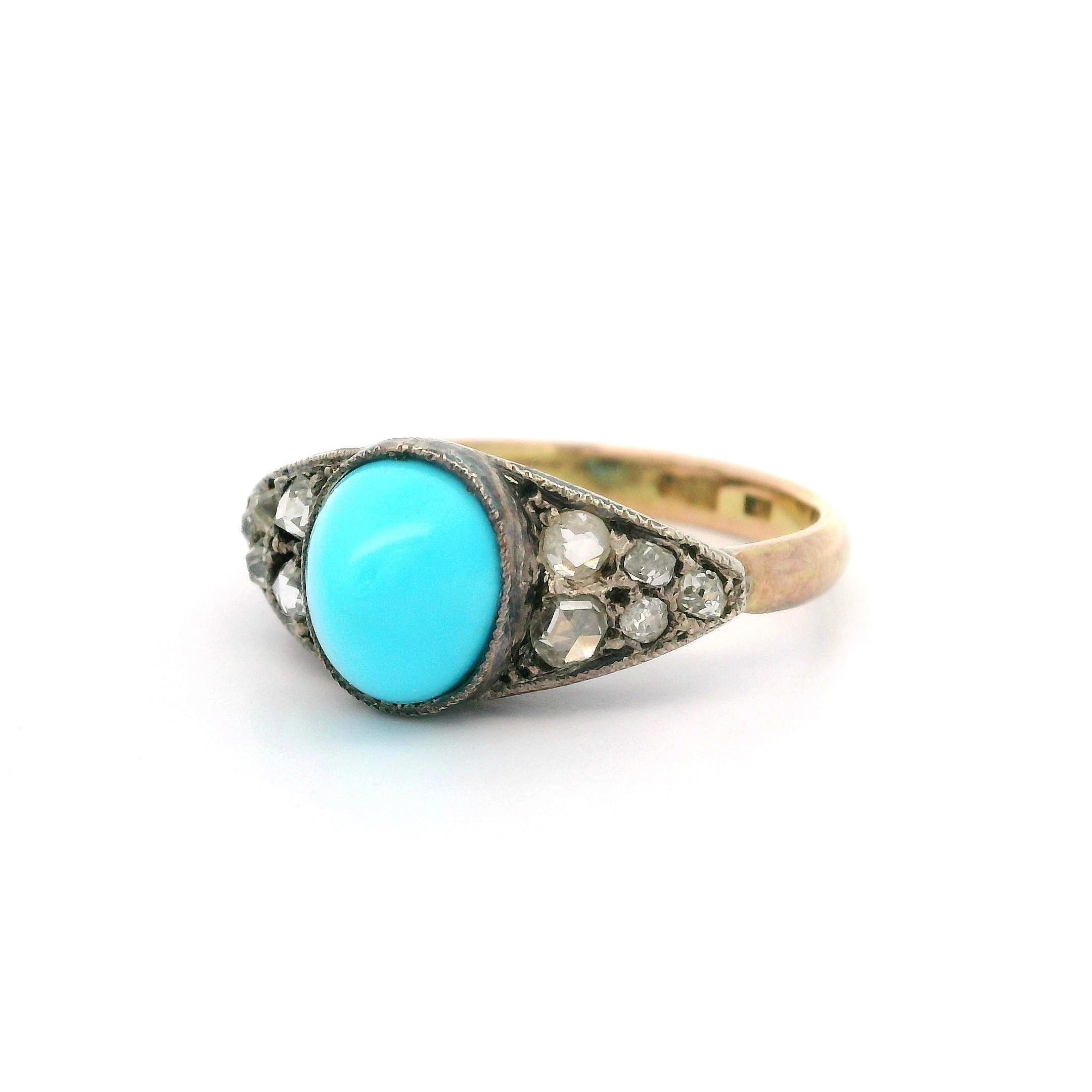 Antique 14k Yellow Gold & Silver Turquoise Old Mine Rose Diamond Sides Band Ring For Sale 4