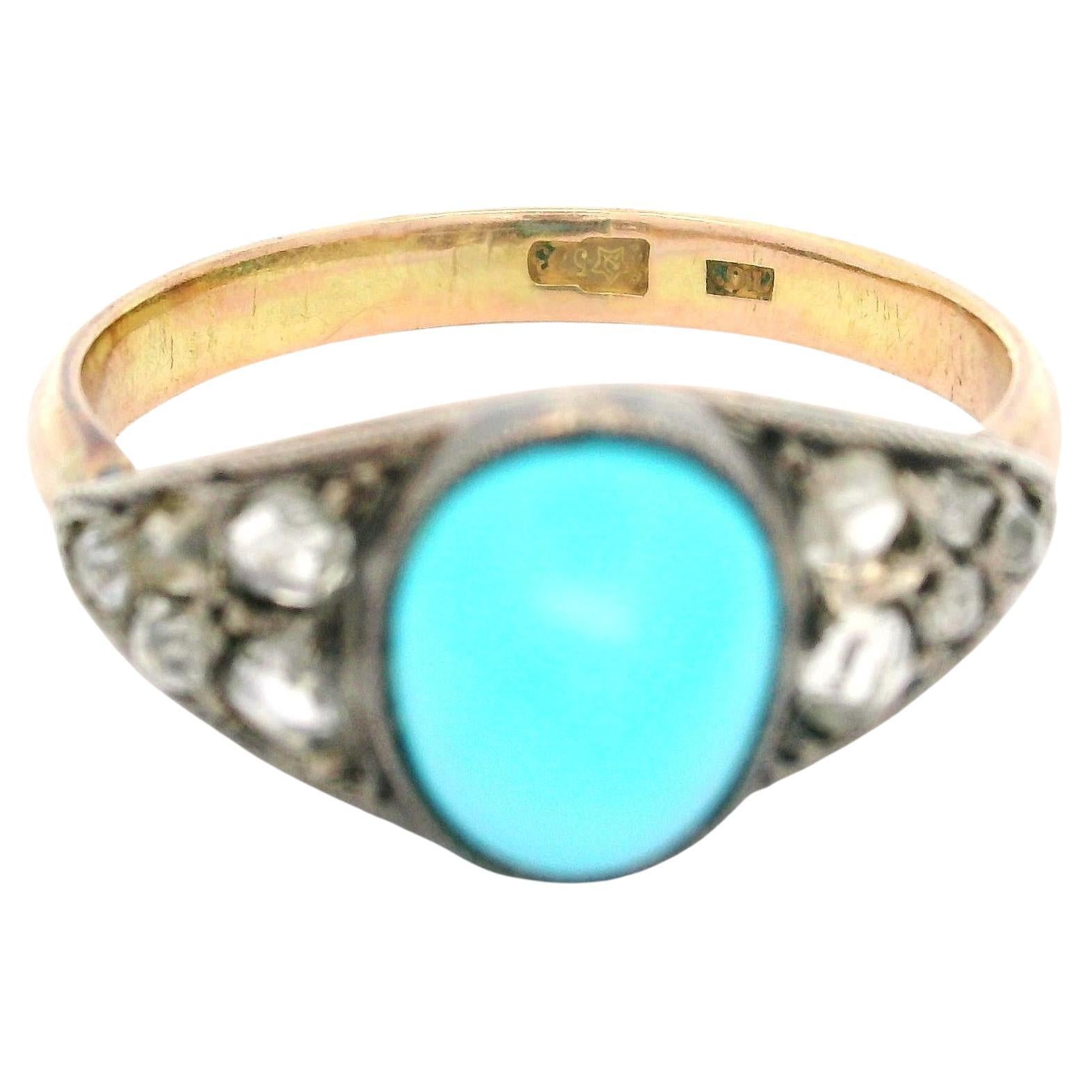 Antique 14k Yellow Gold & Silver Turquoise Old Mine Rose Diamond Sides Band Ring
