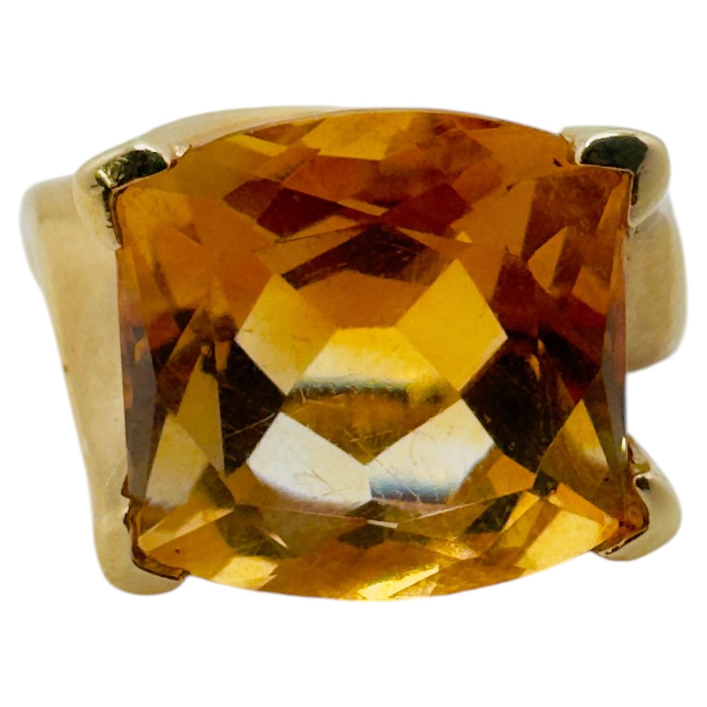 Antique 14K Yellow Gold Square-Cut Citrine Ring, 7.0 Carats For Sale
