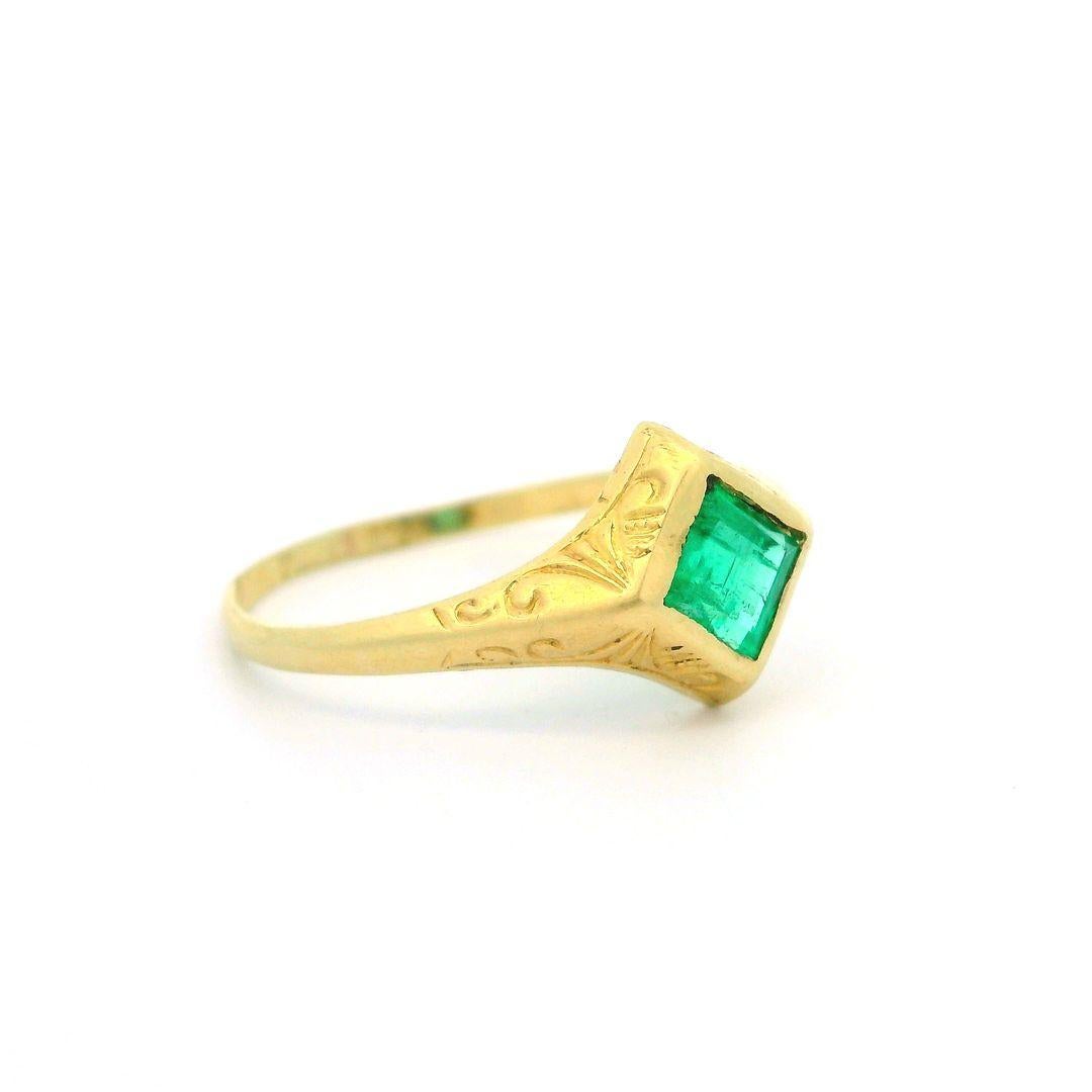 –Stone(s)–
(1) Natural Genuine Emerald - Square Step Cut - Bezel Set - Vibrant Green Color  - 3.37 x 3.37mm (approx.)

Material: 14k Yellow Gold
Weight: 1.06 Grams
Ring Size: 4.5 ( fitted on finger, please contact us prior to purchase with sizing